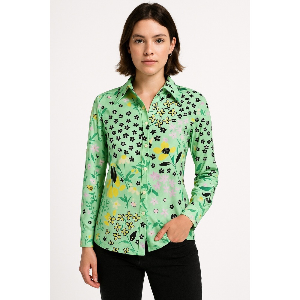 Vintage 60's Shirt Women's Mod Green Pink Floral Daisy Button Front Blouse Tank